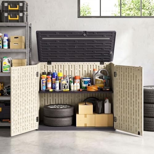dreamade horizontal outdoor storage cabinet, 20 cu.ft resin shown in use