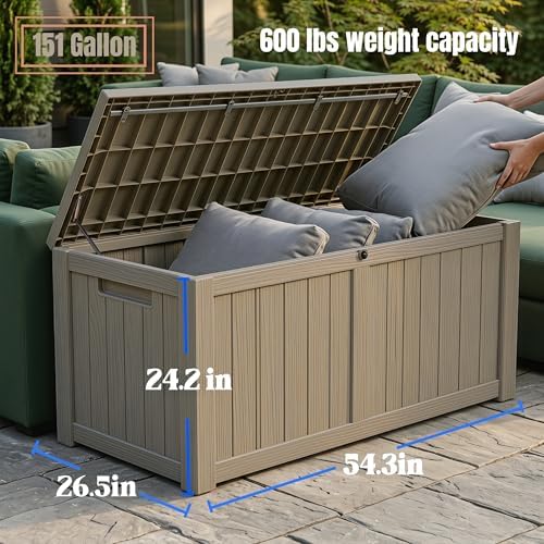 151 gallon large resin outdoor storage box, waterproof, front angle view
