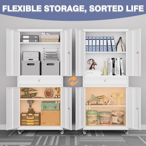 73" metal garage storage cabinet with wheels， rolling showing dimensions