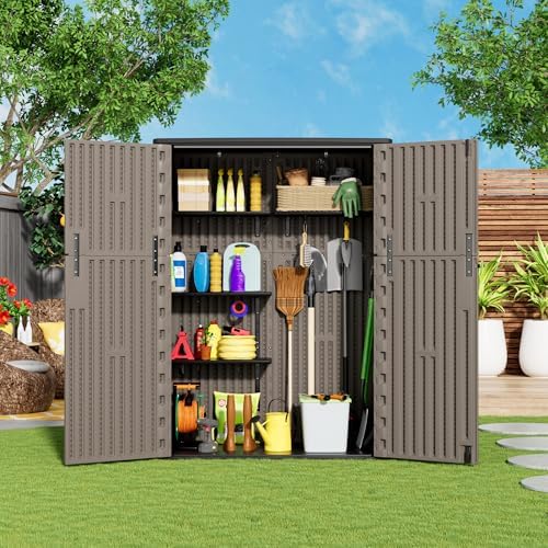 mrosaa outdoor storage shed waterproof,resin storage cabinet outdoor, front angle view
