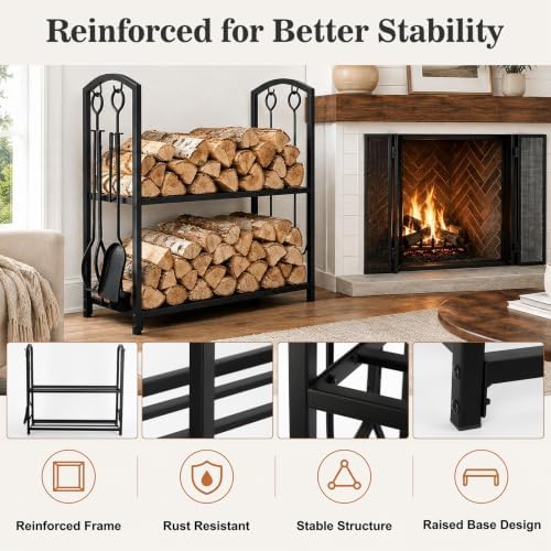feed garden firewood rack with 4-piece fireplace tools, close-up detail