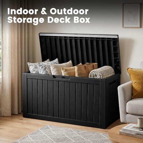 80 gallon outdoor storage box, waterproof resin deck on a desk or shelf