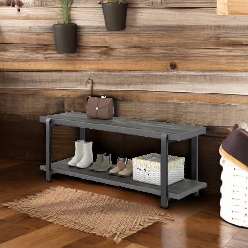 excefur industrial entryway bench with storage, rustic wood showing dimensions