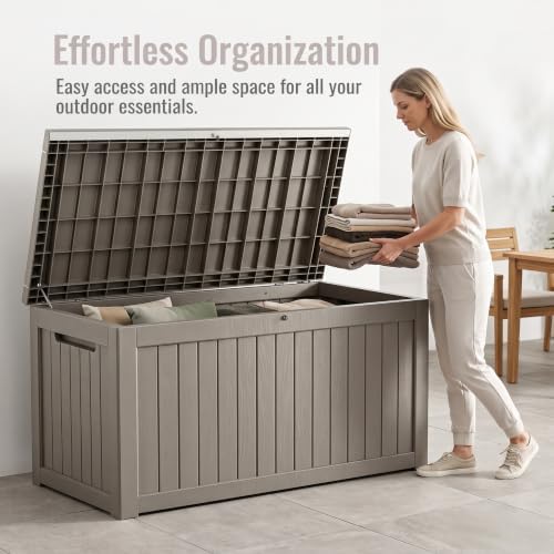 makino 198 gallon large resin outdoor storage box shown in use
