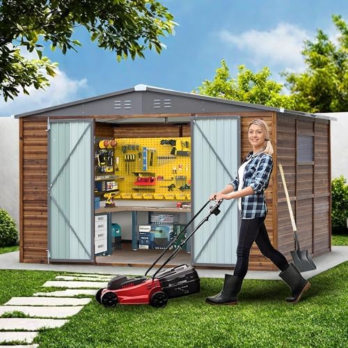 10x8 ft outdoor wood & metal storage shed, close-up detail