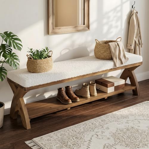 solid wood shoe bench with cushion padded seat, side view