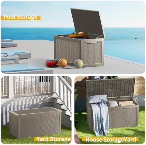 outdoor storage box 325gal waterproof resin deck box,pool, front angle view