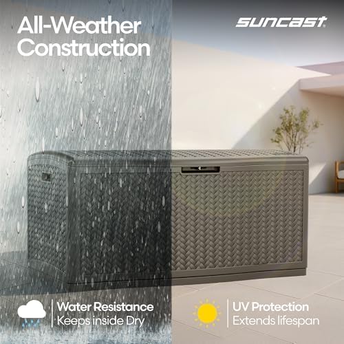 suncast xl deck box, 124 gal, resin wicker showing dimensions