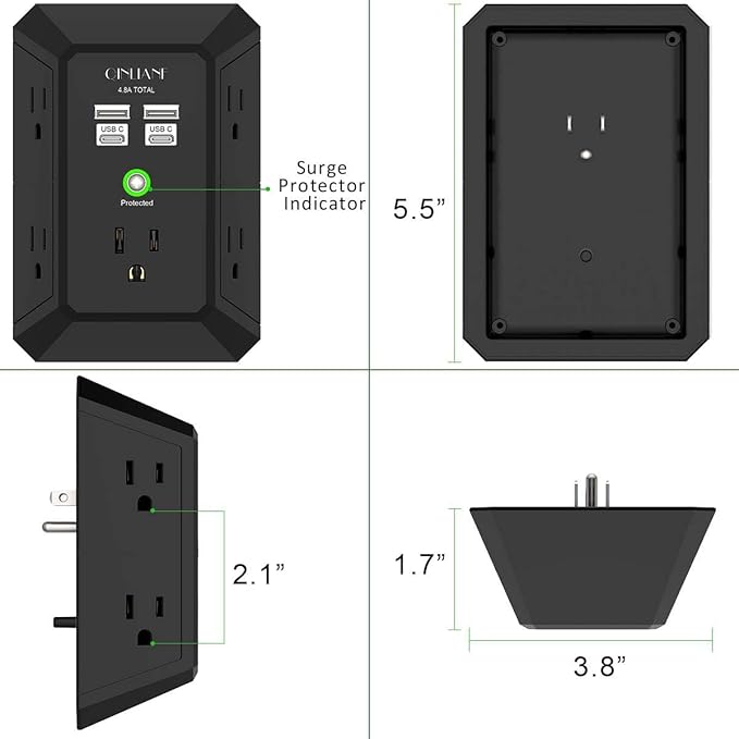 USB Wall Charger, Surge Protector, QINLIANF 5 Outlet Extender - Image 7