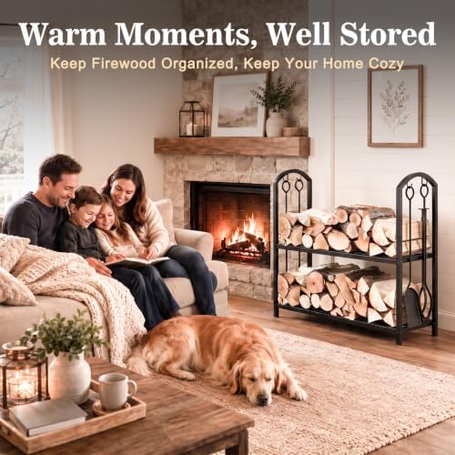 feed garden firewood rack with 4-piece fireplace tools on a desk or shelf