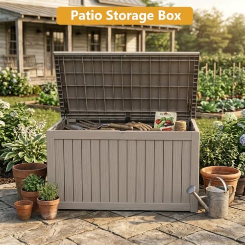300 gallon outdoor storage box waterproof deck box, front angle view
