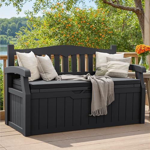 greesum 80 gallon outdoor storage bench deck box,black shown in use
