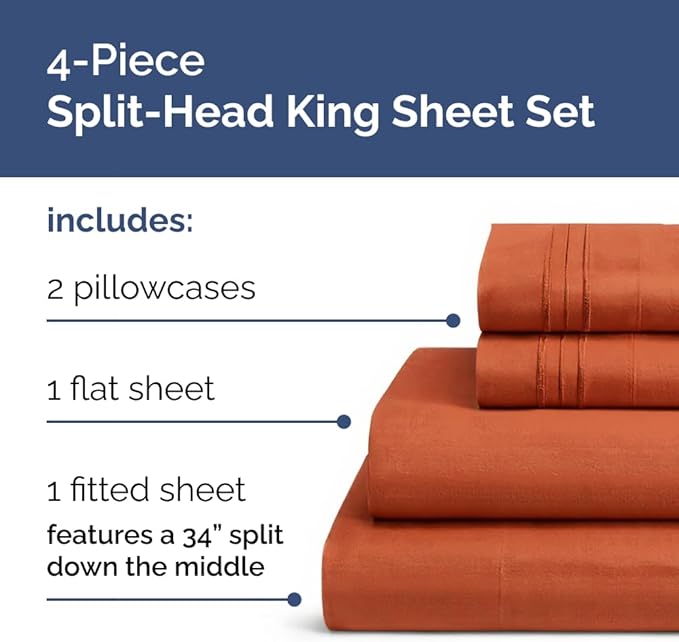 Split Head King Sheet Set – 4 Piece Flex Split Top King Sheets - Image 3