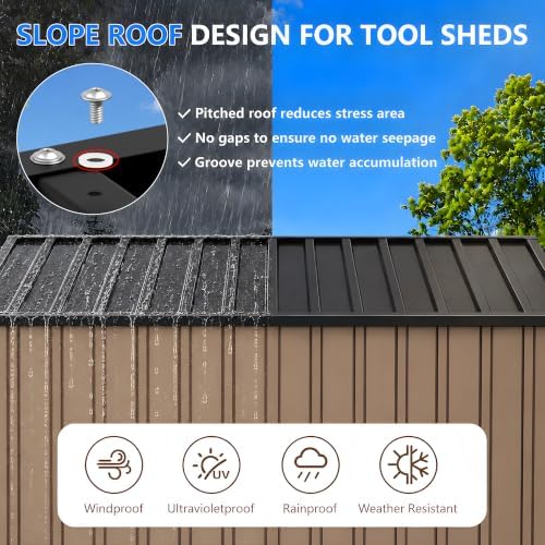 6x8 ft outdoor storage shed, metal garden shed, close-up detail