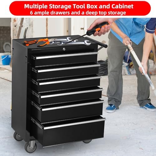 6-drawer rolling tool chest cabinet, large capacity metal, front angle view
