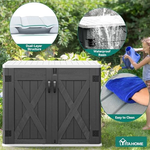 yitahome outdoor horizontal storage shed with x-shaped lockable shown in use