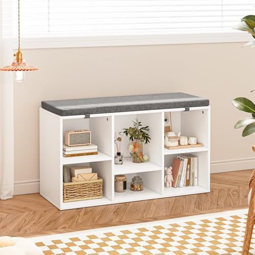 shoe bench, storage bench with padded seat, 6 on a desk or shelf