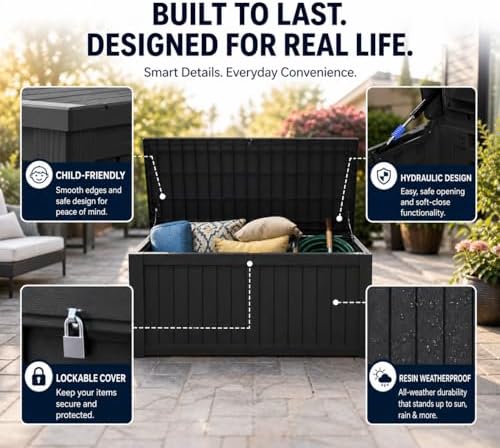 lausaint home 230 gallon resin deck box, package showing dimensions