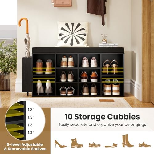 giantex shoe storage bench with umbrella stand, 10-cubby, side view