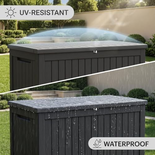 300 gallon outdoor storage box waterproof, lockable resin, side view