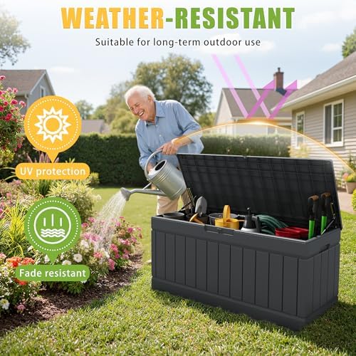 greesum outdoor storage box 82 gallon storage bin, side view