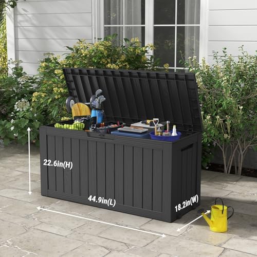 mars villa 72 gallon deck box, outdoor storage shown in use