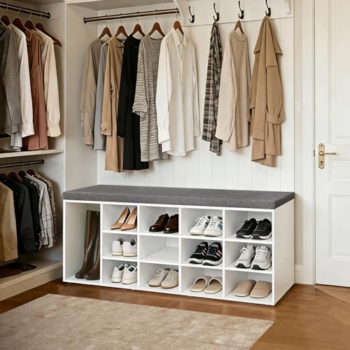 dinzi lvj shoe storage bench with cushion, 15-cubby on a desk or shelf