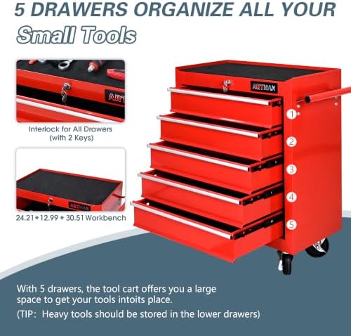 5 drawers rolling tool chest on wheels, multifunctional showing dimensions