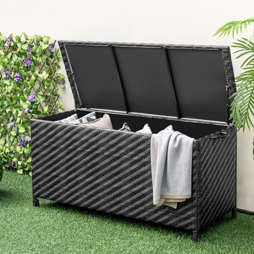 tangkula tightly-woven rattan deck box, patiojoy storage cabinet, front angle view
