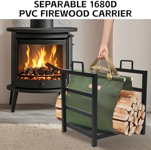 firewood rack indoor outdoor with firewood carrier, fireplace, front angle view