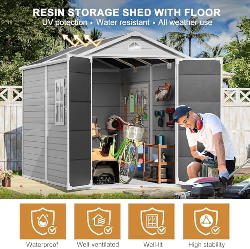 restland 6x8 ft resin storage shed with floor showing dimensions