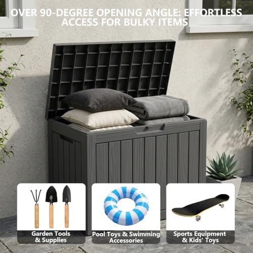 outdoor storage box, 50 gallon waterproof deck box on a desk or shelf