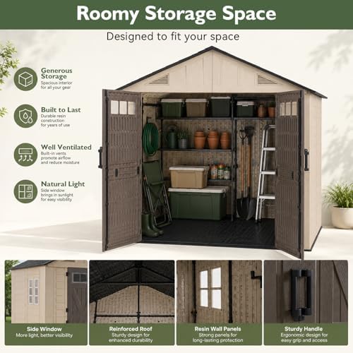 aoxun 8x6 ft outdoor storage shed with floor, front angle view