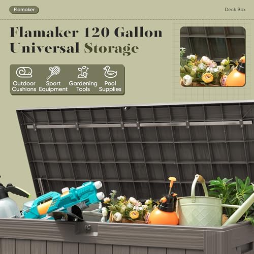 flamaker internal 120 gallon deck box waterproof, large showing dimensions