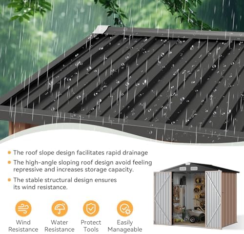 aoxun 6x4 ft metal outdoor steel shed brown showing dimensions