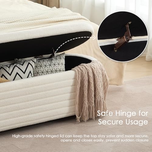 53" modern storage ottoman bench, white sherpa, front angle view