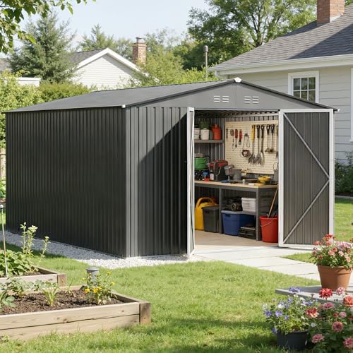 12ft dark grey outdoor storage shed, metal waterproof, front angle view