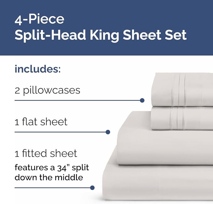 Split Head King Sheet Set – 4 Piece Flex Split Top King Sheets - Image 2