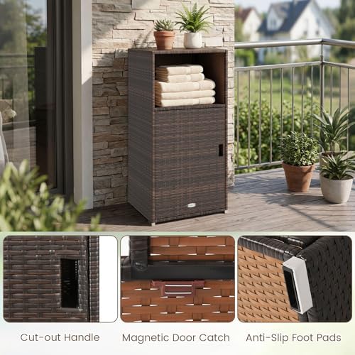 tangkula rattan outdoor storage cabinet with 3 storage showing dimensions