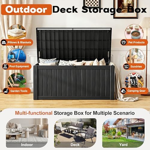 outdoor storage box, resin deck boxes indoor and shown in use