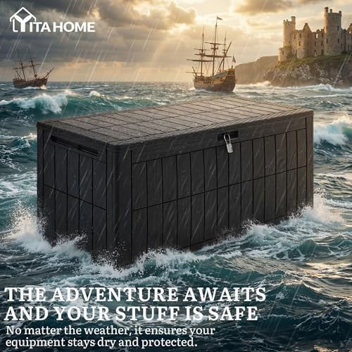 yitahome 110 gallon outdoor deck box showing dimensions