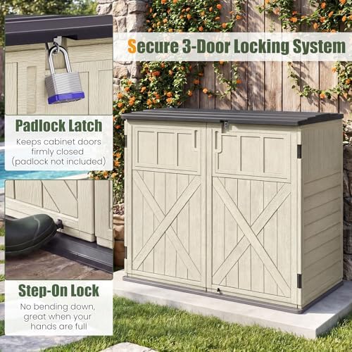 dreamade horizontal outdoor storage cabinet, 20 cu.ft resin on a desk or shelf