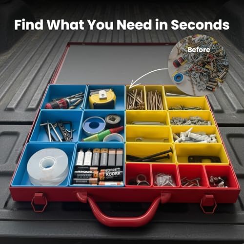 large metal organizer box with 20 removable compartments shown in use