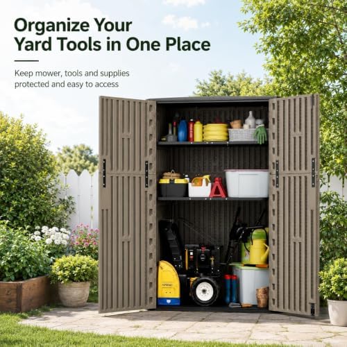 addok 57 cu.ft outdoor storage shed,resin storage cabinet on a desk or shelf