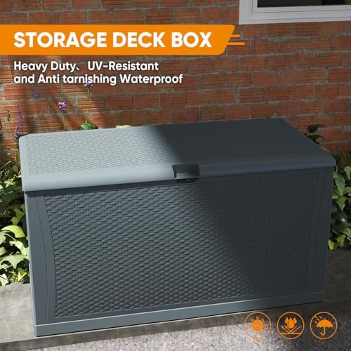 zyjoyy 100 gallon resin deck box waterproof outdoor on a desk or shelf