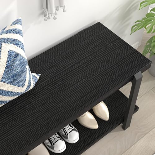 excefur entryway bench, modern wood and metal storage, side view
