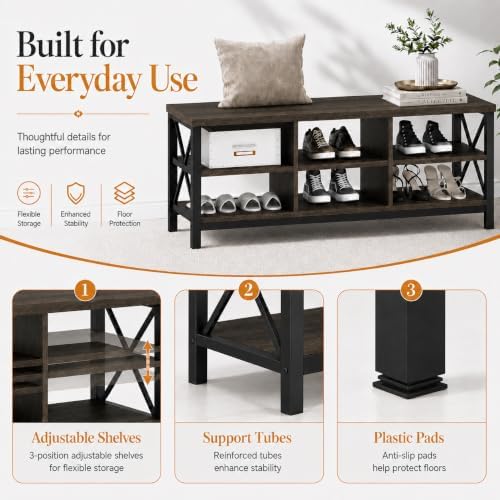 fatorri industrial shoe bench with storage, rustic entryway, side view