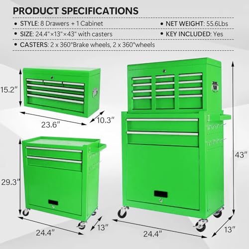 8-drawer rolling tool chest – 2-in-1 lockable tool, close-up detail