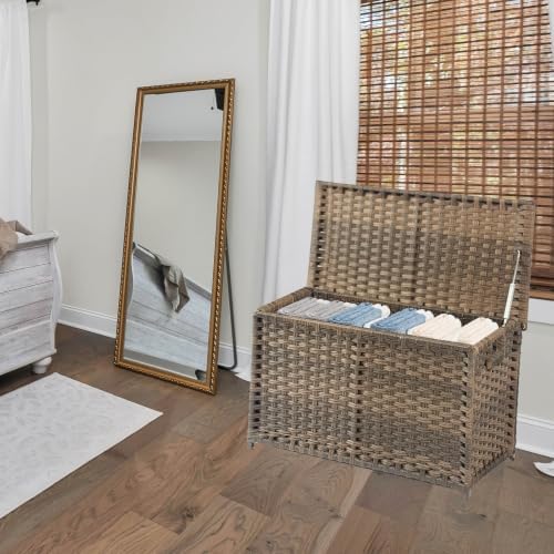 wicker storage trunk, large storage basket with lid showing dimensions