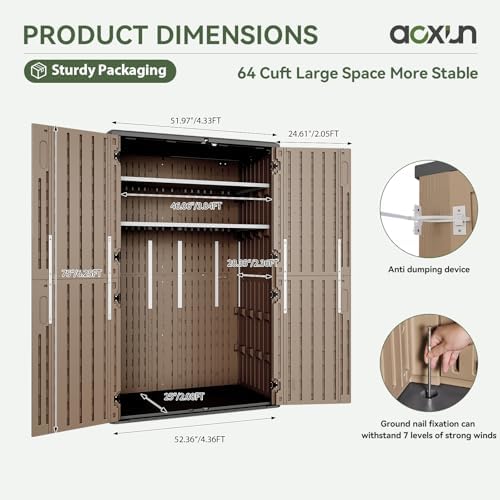 aoxun outdoor storage shed with 2 shelves & showing dimensions